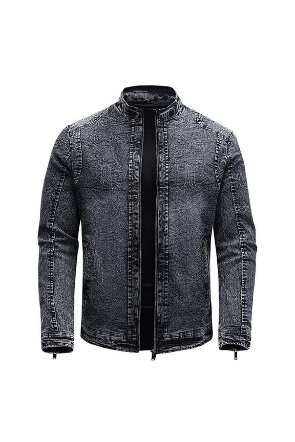 Men's Fall/Winter Fashion Fleece Denim Jacket Stretch Washed Denim Top Jacket Black