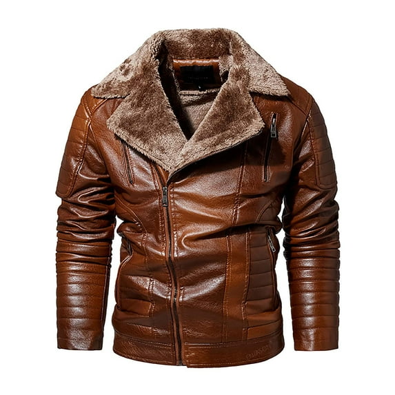 Herrnalise Men's Fashion Autumn And Winter Fleece Leather Jacket Casual Top Coat Brown