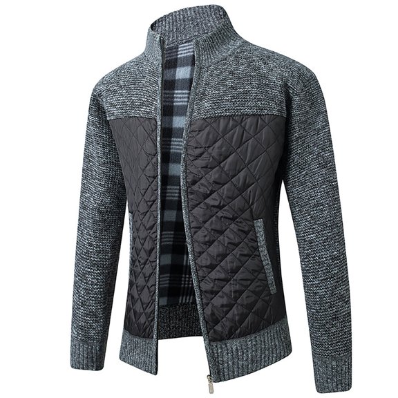 Herrnalise Men's Fashion Autumn And Winter Plaid Hooded Fleece Knitted Sweater Sweater Jacket Dark Gray