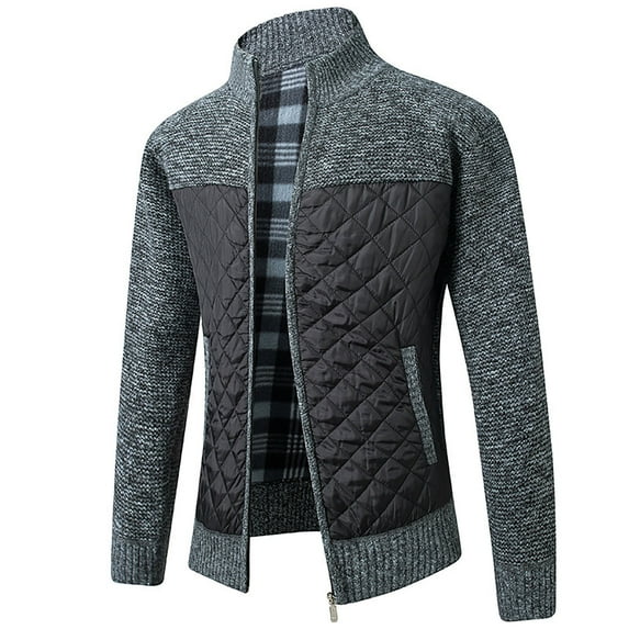 Herrnalise Men's Fashion Autumn And Winter Plaid Hooded Fleece Knitted Sweater Sweater Jacket Dark Gray