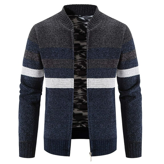 Herrnalise Men's Fashion Autumn And Winter Plaid Hooded Fleece Knitted Sweater Sweater Jacket Dark Gray