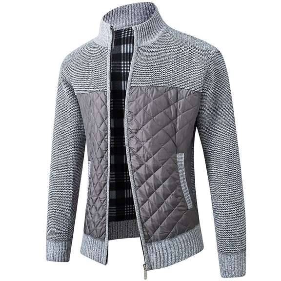Herrnalise Men's Fashion Autumn And Winter Plaid Hooded Fleece Knitted Sweater Sweater Jacket Gray