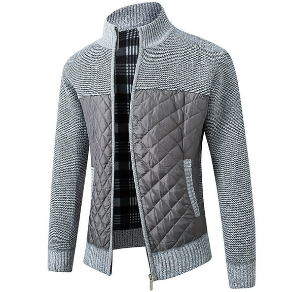 Herrnalise Men's Fashion Autumn And Winter Plaid Hooded Fleece Knitted Sweater Sweater Jacket Gray