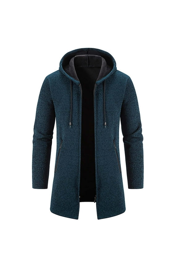 Men's Fashion Autumn And Winter Plaid Hooded Fleece Knitted Sweater Sweater Jacket Navy