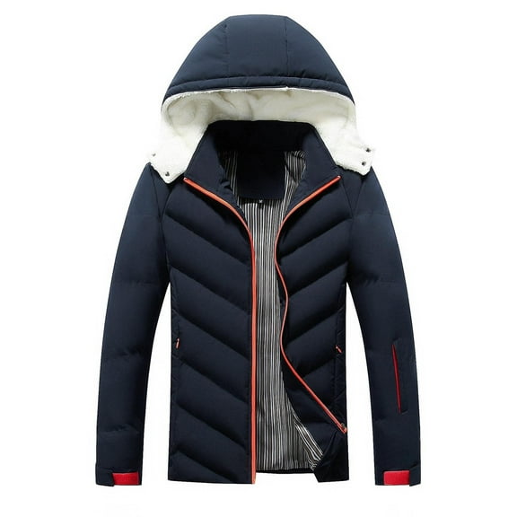 Herrnalise Men's Fashion Autumn And Winter Stitching Warm Hooded Casual Jacket Cotton Clothes Dark Blue