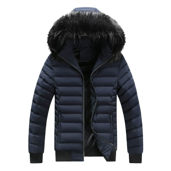Herrnalise Men's Fashion Autumn And Winter Stitching Warm Hooded Casual Jacket Cotton Clothes Dark Blue