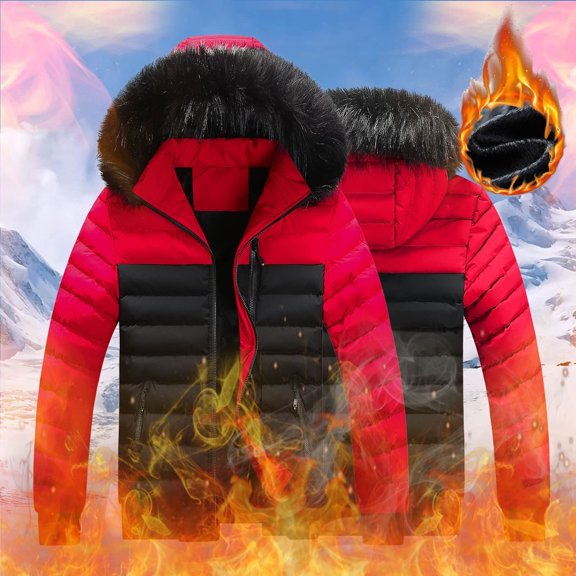 Herrnalise Men's Fashion Autumn And Winter Stitching Warm Hooded Casual Jacket Cotton Clothes Red