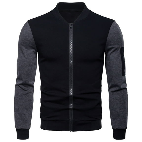 Herrnalise Men's Fashion Casual Color Block Stand Collar Jacket Short Cardigan Long Sleeve Zipper Pocket Coat Black