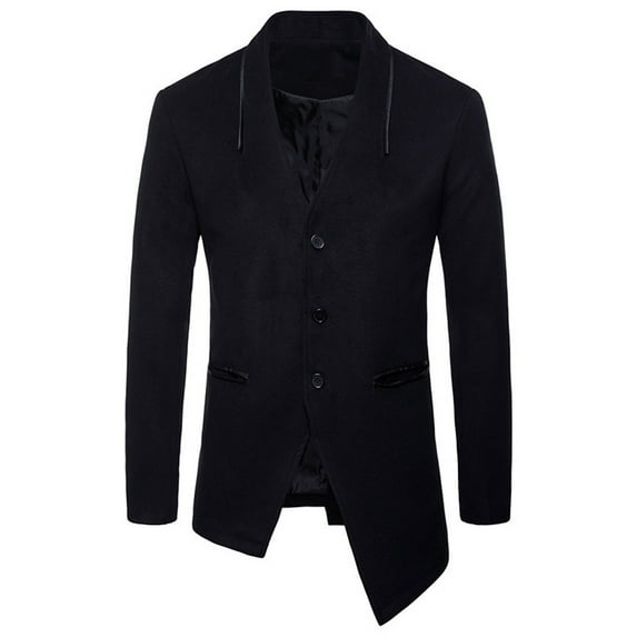 Herrnalise Men's Fashion Casual Irregular Hem Medium Long Woolen Trench Coat Long Sleeve Single Breasted Pocket Suit Coat Trench Coat Black
