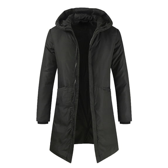 Herrnalise Men's Fashion Casual Plush Thickened Medium Length Down Jacket Solid Color Long Sleeve Hooded Zipper Pocket Bread Jacket Cotton Padded Jacket Coat Black