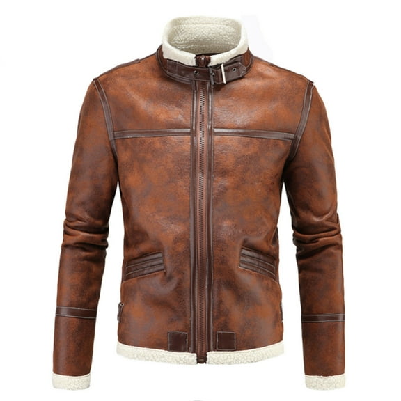 Herrnalise Men's Fashion Casual Thick Leather Coat Long Sleeve Stand Collar Zipper Pocket Leather Coat Warm Windproof Coat Brown