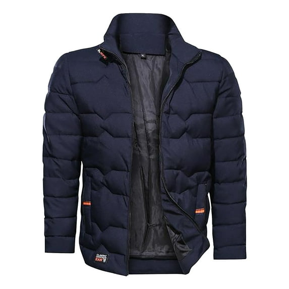 Herrnalise Men's Fashion Casual Thick Thermal Coat Long Sleeve Stand Collar Solid Color Cotton Coat Zipper Pocket Cotton Coat Navy