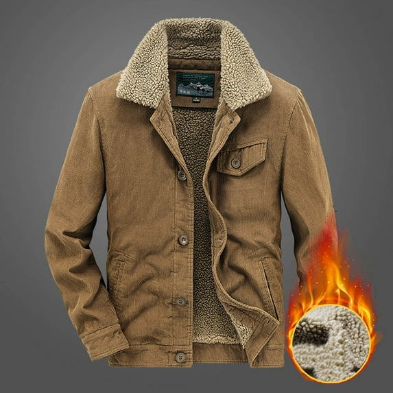 Holloyiver Men's Fashion Casual Thickened Lamb Coat Corduroy Coat Long Sleeve Stand Collar Zipper Pocket Leather Coat Windproof Warm Coat Khaki