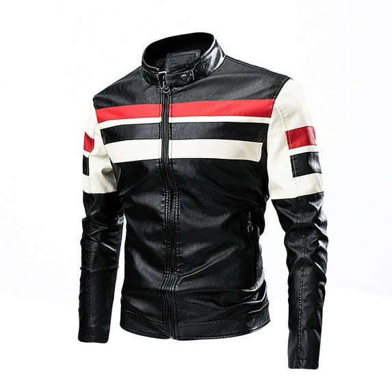 Holloyiver Men's Fashion Casual Versatile Color Contrast Stripe Plush Leather Jacket Motorcycle Windbreaker Long Sleeve Lapel Pocket Zippered Jacket Suit Coat Black