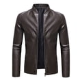 thumbnail image 1 of Herrnalise Men's Fashion Casual Warm Fit Thick Leather Long Jacket Long Sleeve Lapel Pocket Zipper Fit Top Coat Coffee, 1 of 6