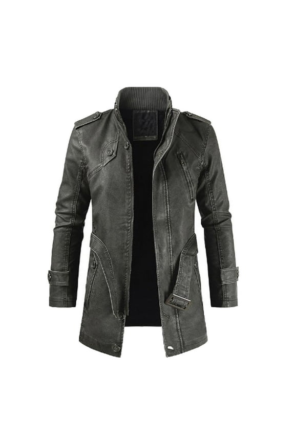 Men's Fashion Casual Warm Fit Thick Leather Long Jacket Long Sleeve Lapel Pocket Zipper Fit Top Coat Olive Green