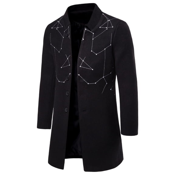 Herrnalise Men's Fashion Embroidery Medium Long Casual Woolen Coat Coat Long Sleeve Stand Collar Single Breasted Pocket Brushed Trench Coat Black