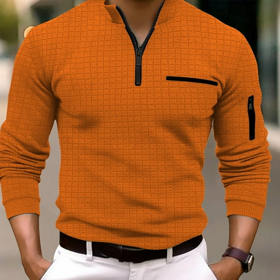 Herrnalise Men's Fashion Long Sleeve Solid Color Sports Zipper Shirt With Stand Collar And Chest Pocket For Spring Fall