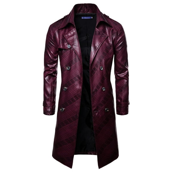 Herrnalise Men's Faux PU Leather Motorcycle Jacket Mid-length Solid Artificial Leather Stand Collar Slim Jacket CoatsRed