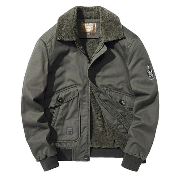 Herrnalise Men's Fleece Washed Cotton Lapel Jacket Men's Loose Work Jacket Olive Green