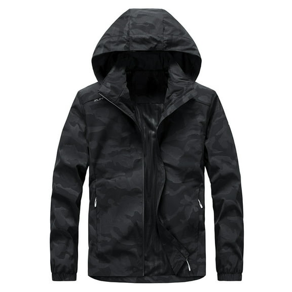 Herrnalise Men's Hooded Coat Long Sleeve Letter Floral Stand Collar Zipper Pocket Jacket Black
