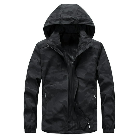 Herrnalise Men's Hooded Coat Long Sleeve Letter Floral Stand Collar Zipper Pocket Jacket Black