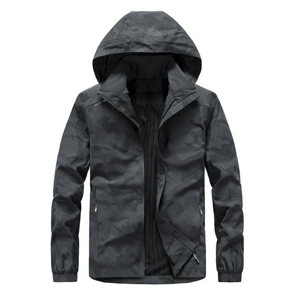 Herrnalise Men's Hooded Coat Long Sleeve Letter Floral Stand Collar Zipper Pocket Jacket Gray