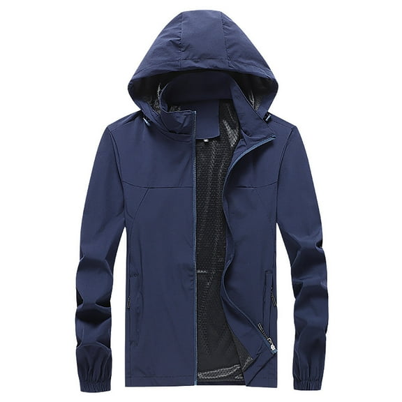 Herrnalise Men's Jacket Crew Hooded Midlayer Jacket Fashion Zipper Casual Windproof Waterproof Loose Outwear Jacket Coat Blue