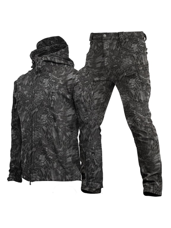 Men's Jacket Set Tactical Jacket Windcheater Jacket Outdoor Camping & Hiking Windbreaker Warm Zipper Pocket Fall Winter Camo Fashion Streetwear Standing Collar Regular Black