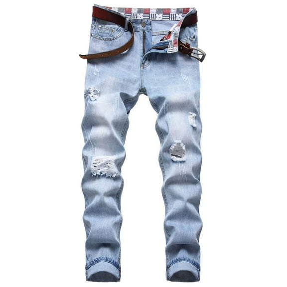Herrnalise Men's Joggers Cargo Pants Fashion Trend Micro Elastic Slim Tie Elastic Small Straight Leg Ripped Denim Pants for Men For Blue,L