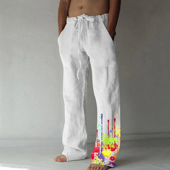 Holloyiver Men's Joggers Cargo Pants Summer Cotton Linen Wide Leg Pants Printed Lace Up Leisure Sports Holiday Pants Ripped Denim Pants for Men For White,2XL