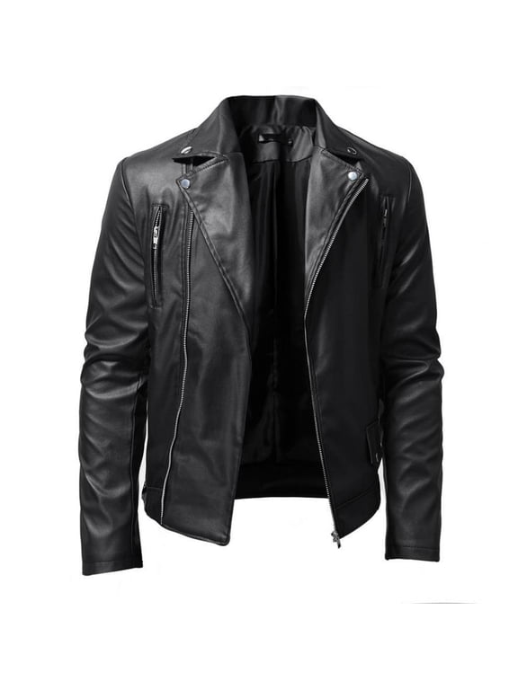 Men's Leather Jacket Fashion Stand Collar Punk Motorcycle Washed Leather Long Sleeve Hoodless Casual Outwear & Jackets Black