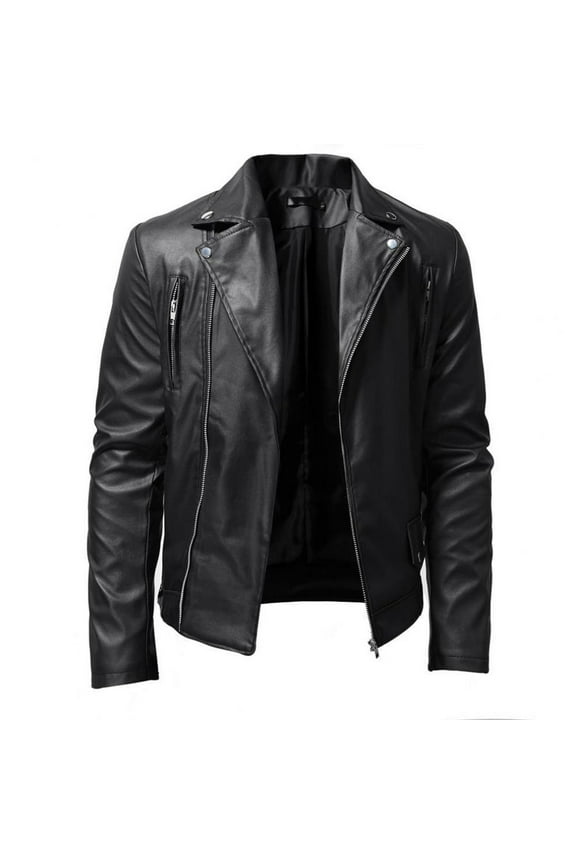 Men's Leather Jacket Fashion Stand Collar Punk Motorcycle Washed Leather Long Sleeve Hoodless Casual Outwear & Jackets Black