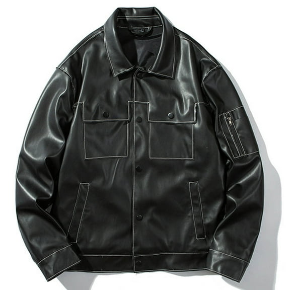 Herrnalise Men's Leather Jacket Fashion Stand Collar Punk Motorcycle Washed Leather Long Sleeve Hoodless Casual Outwear & Jackets Black