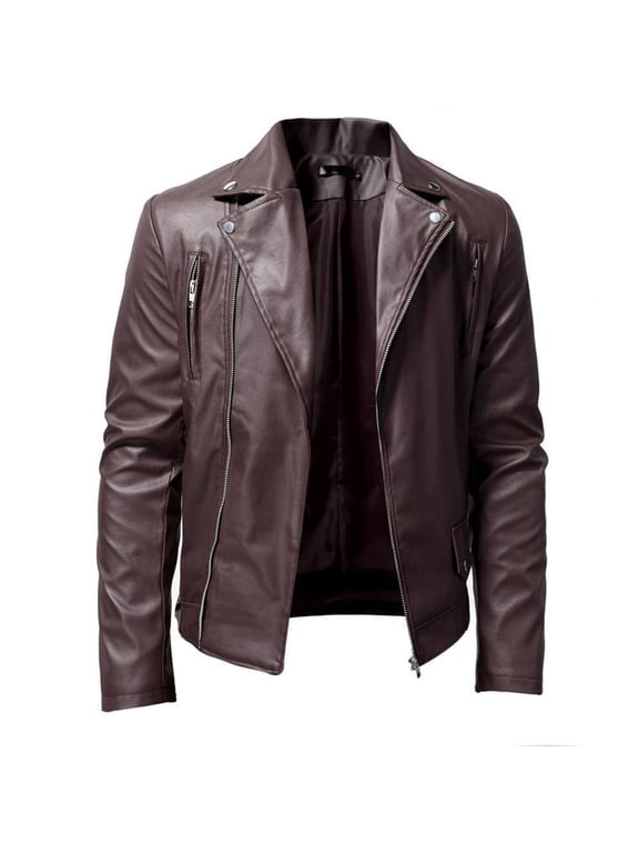 Men's Leather Jacket Fashion Stand Collar Punk Motorcycle Washed Leather Long Sleeve Hoodless Casual Outwear & Jackets Brown