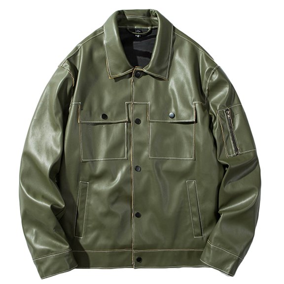 Herrnalise Men's Leather Jacket Fashion Stand Collar Punk Motorcycle Washed Leather Long Sleeve Hoodless Casual Outwear & Jackets Green