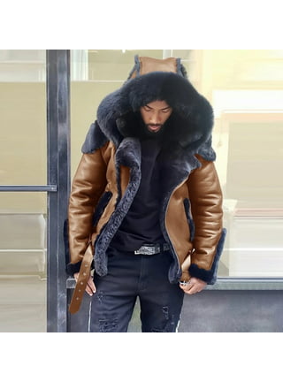 Mens Faux Fur Collar Hooded Jacket Work Winter Warm Lined Parka