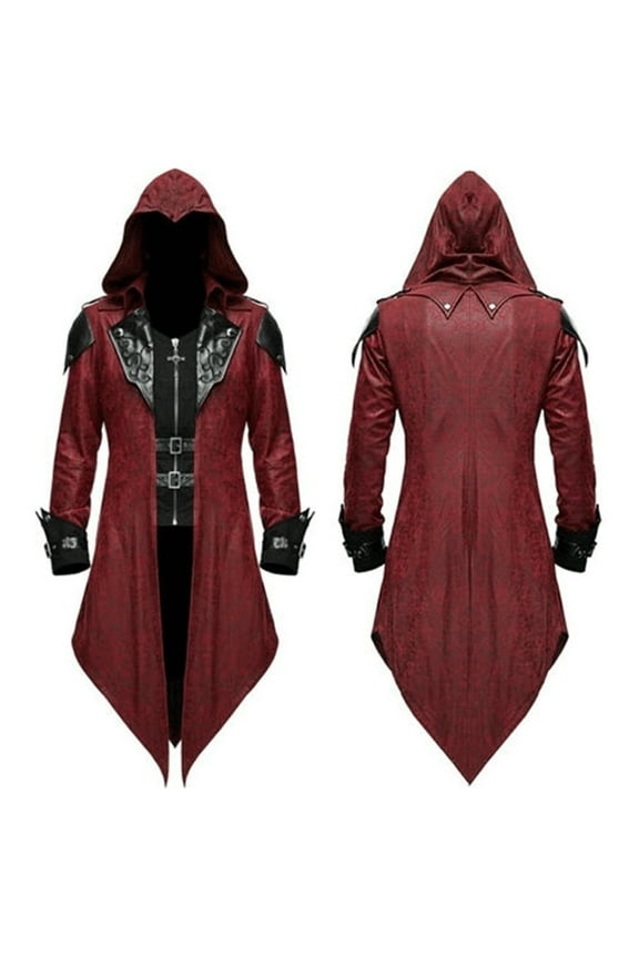 Men's Medieval Dress Solid Retro Jacket Cardigan Men's Coat Splice Coat Red