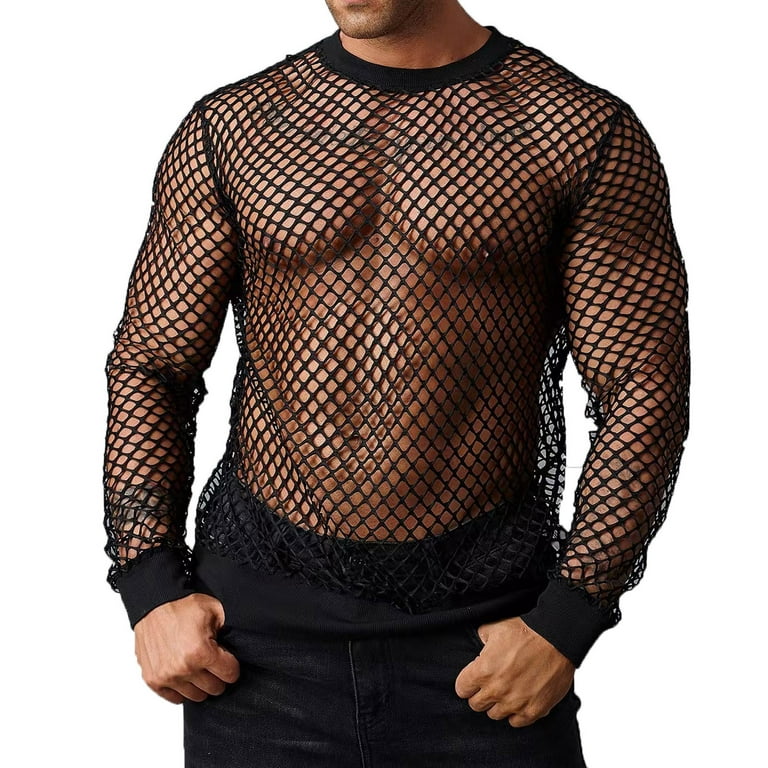 Herrnalise Men's Mesh Fishnet Fitted Long Sleeve Muscle Tops Hollow Mesh T-Shirt Funny Fishing Net Breathable Fishing Net Short Sleeve Fashion Bottom
