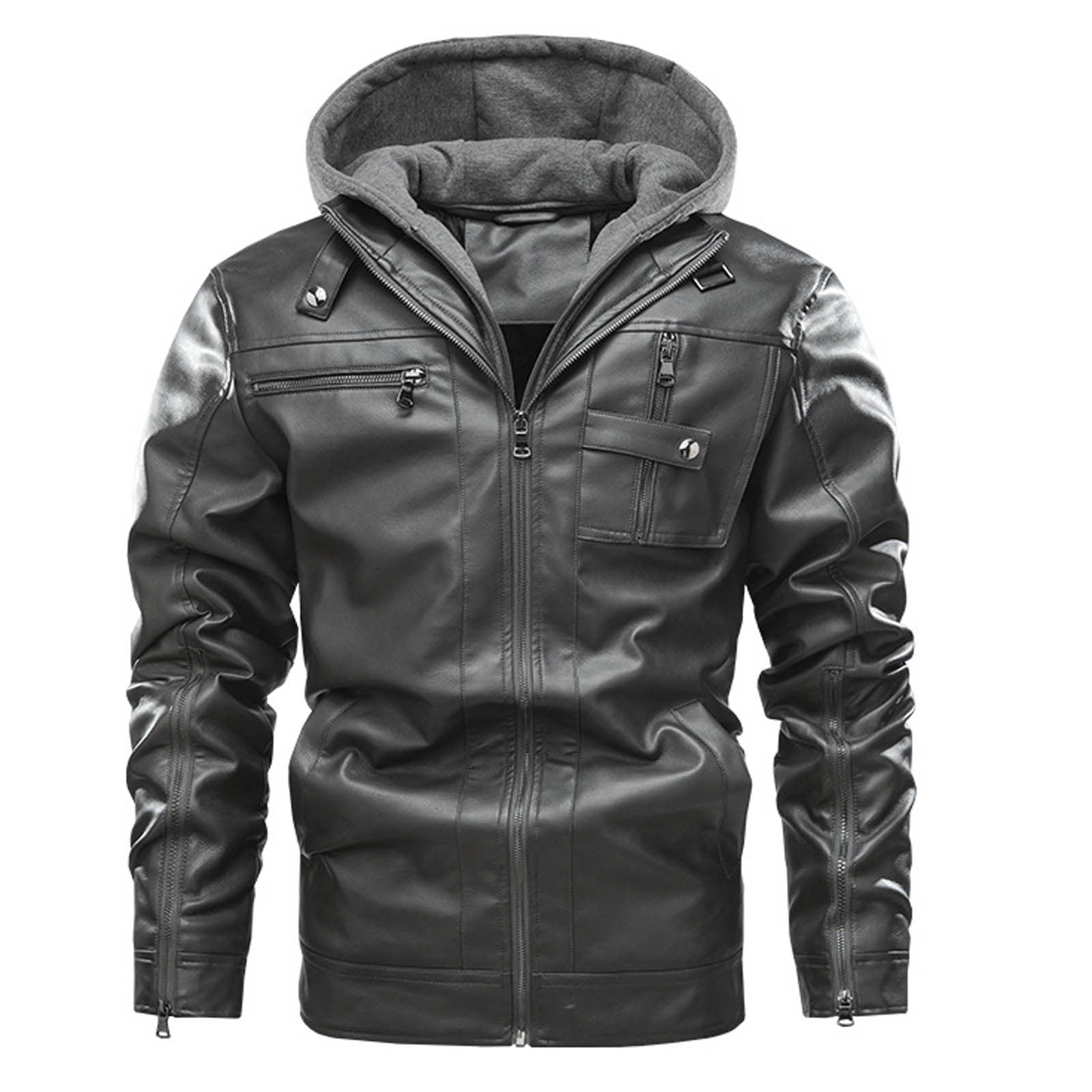 3 4 length leather hooded jacket men's cheap
