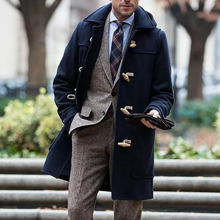 Men's Slim Fit Winter Warm Notched Collar Long Blend Coat Business Jacket  Overcoat Coats Pea Coat