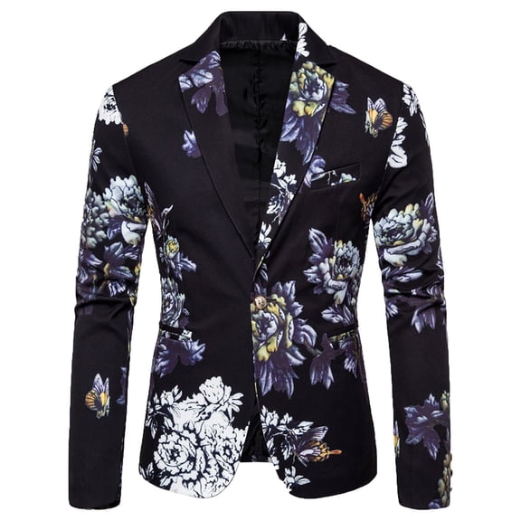 Herrnalise Men's One Button Floral Suit Performance Suit Men's Long Sleeve Tops Blazer Lapel Suit Black