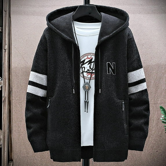 Herrnalise Men's Padded Jackets Casual Patchwork Long Sleeve KnittingHooded Cardigan Zipper Sweater Coats Black