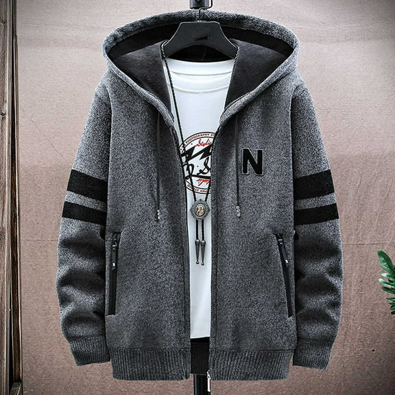 Herrnalise Men's Padded Jackets Casual Patchwork Long Sleeve KnittingHooded Cardigan Zipper Sweater Coats Dark Gray
