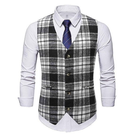 Herrnalise Men's Plaid Waistcoat Wool Blend Tailored Collar/V-neck Slim Fit Vest Suit Business Waistcoat Black