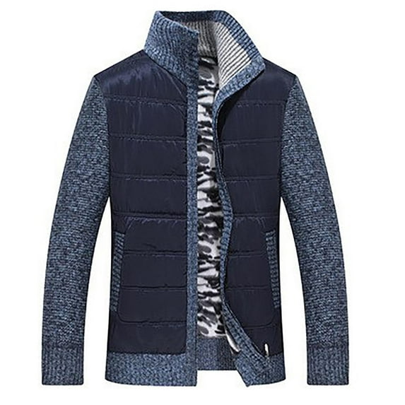 Herrnalise Men's Plush Sweater Coat Thickened Stand Collar Cardigan Warm Sweater Sweater Solid Color Blue