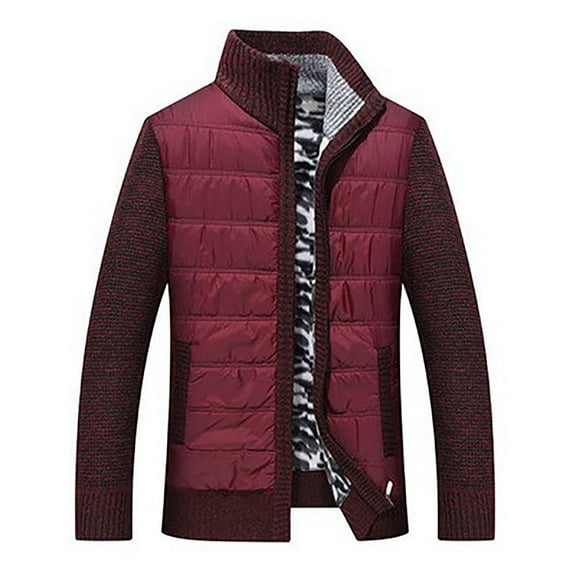 Herrnalise Men's Plush Sweater Coat Thickened Stand Collar Cardigan Warm Sweater Sweater Solid Color Burgundy