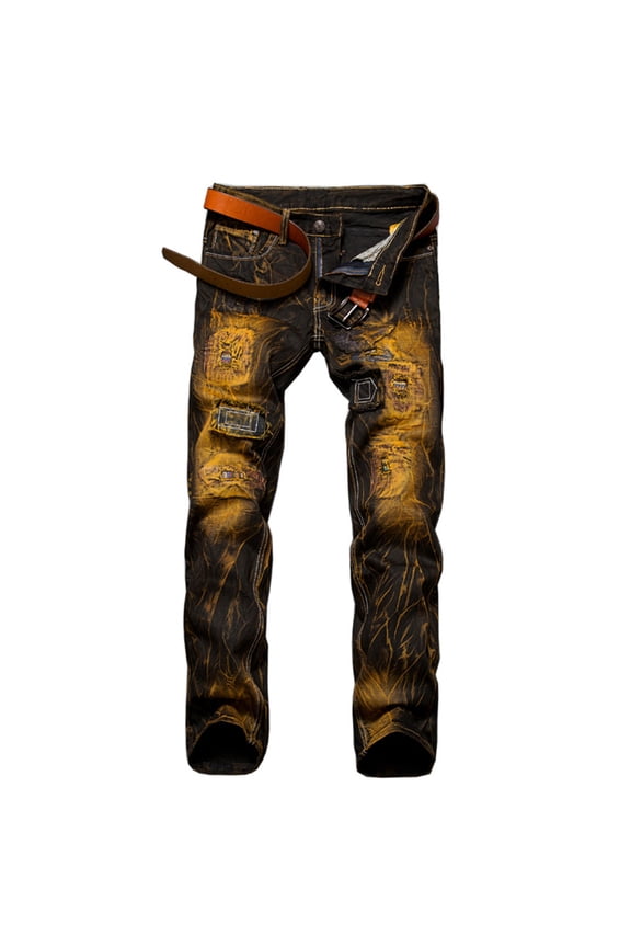 Men's Ripped Denim Jeans New Fashion Have Pockets Button Zipper Personality Denim Trend Jeans For Yellow,2XL