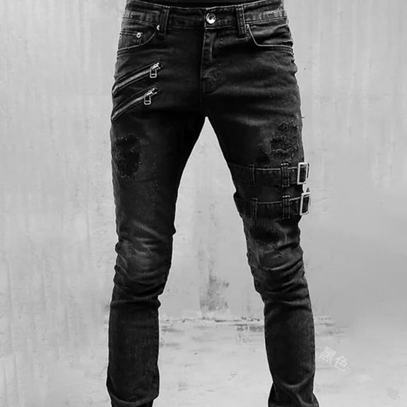 Herrnalise Men's Ripped Jeans New Fashion Day Button Zipper Pocketed Personality Trousers For Black,S