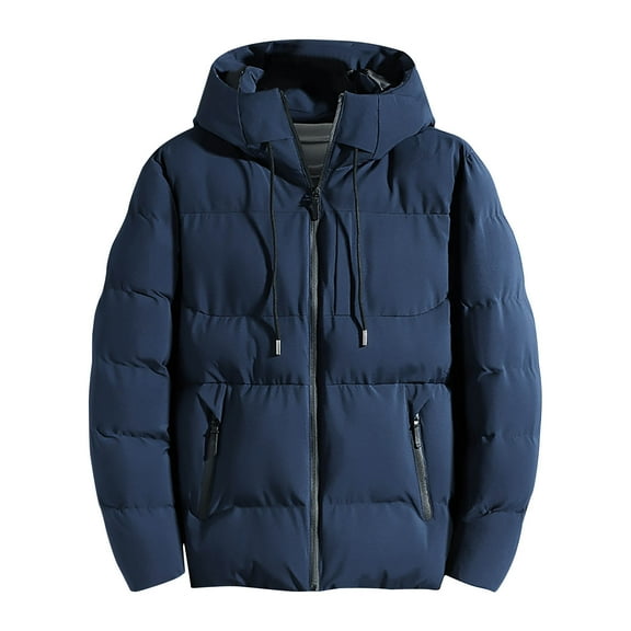 Herrnalise Men's Short Work Clothes Cotton Jacket Bread Jacket Thickened Long Sleeve Hooded Zipper Pocket Cotton Jacket Coat Dark Blue